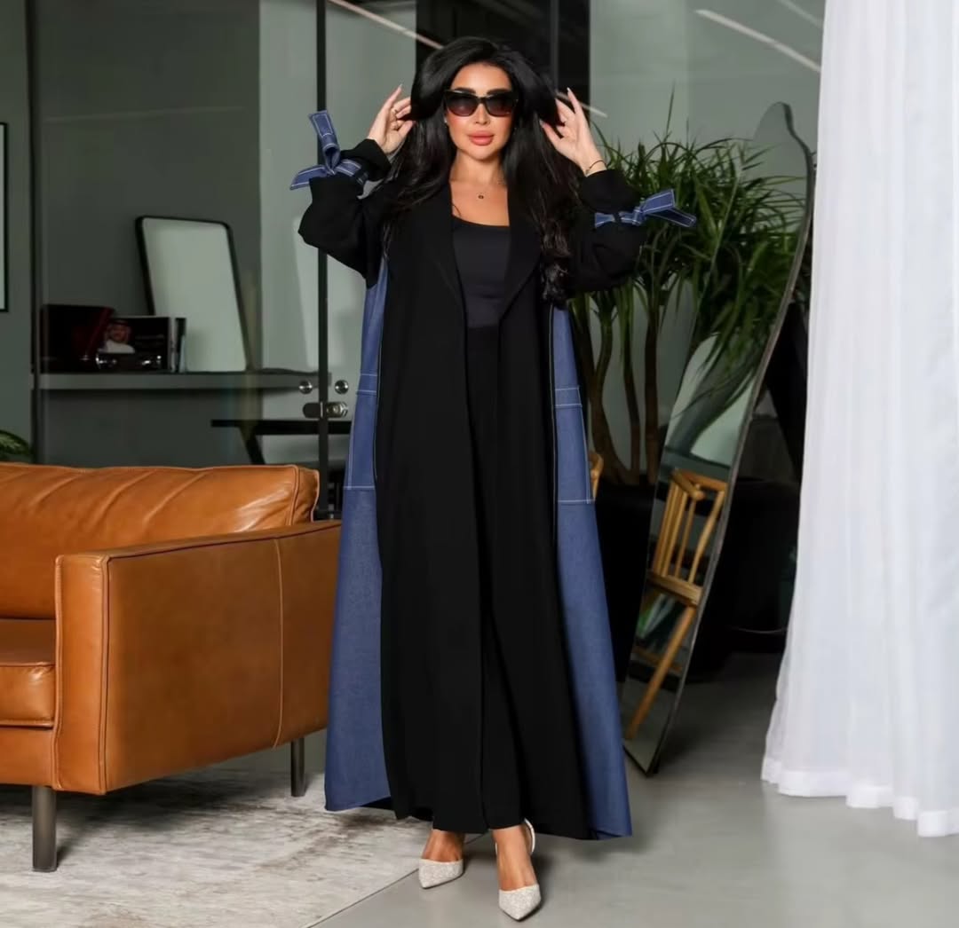 #fypreelsシ゚ #abaya (7) Black Abaya with Denim Panel - Image 1